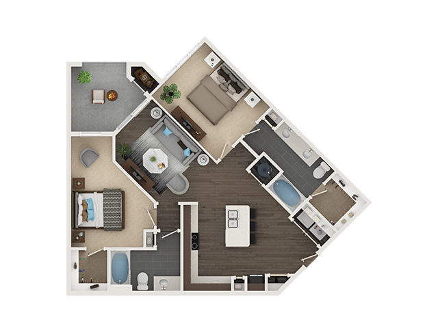 Floor plan for 2 beds, 2 baths, 1047 sqft